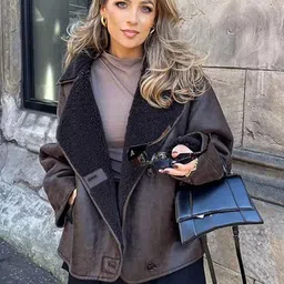 Alamode By Akanksha Women Brown Zavi Faux Leather Fleece Lined Warm Coat-image-6