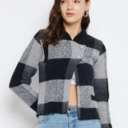 Zigo Checked Mandarin Collar Woollen Cardigan Sweater-image-18