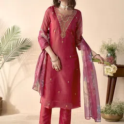 Anouk Fuchsia Ethnic Motifs Embroidered Straight Mirror Work Kurta with Trousers & Dupatta image 1