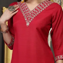 Stylum Red Floral Yoke Design Regular Straight Kurta with Trousers & With Dupatta image 2