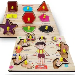 Set of 2 Human Parts Of Body Name Wooden Puzzle + Geometric Shape Matching Toys-12
