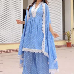Anouk Geometric Printed Pure Cotton A-Line Kurta With Palazzos & Dupatta image 4