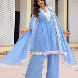 Anouk Geometric Printed Pure Cotton A-Line Kurta With Palazzos & Dupatta image 1