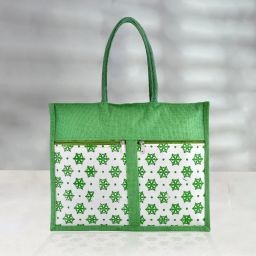 Jute Flower Front Double Pocket Shopping Bag with Handle|Large|Green Grocery Bag-image-4