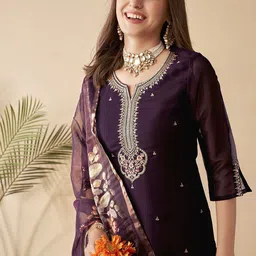 Anouk Violet Ethnic Motifs Embroidered Sequined Straight Kurta with Trousers & Dupatta image 1