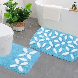 Saral Home Set Of 2 Turquoise Blue & White Printed Anti Skid Bathmat & Contour Set-1