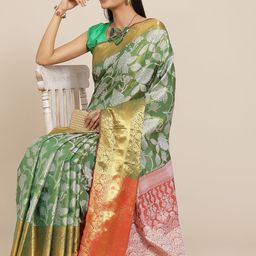 Silk Land Green & White Ethnic Motifs Zari Ikat Saree-34