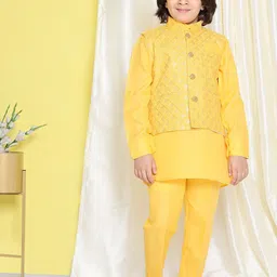 Aj DEZInES Boys Band Collar Pure Cotton Straight Kurta & Trousers with Nehru jacket-picture-17