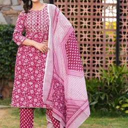 Chandbaali Floral Printed Regular Pure Cotton Kurta with Trousers & Dupatta-12