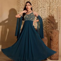 miss chase Women Fit and Flare Blue Maxi/Full Length Dress-picture-3