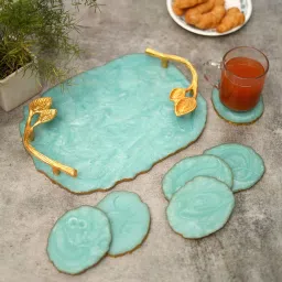 Resin Multipurpose Tray & 6 Coasters Set for Serving (Aqua) Tray-picture-17