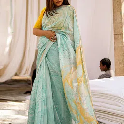 Anouk Blue Abstract Printed Zari Pure Cotton Block Print Saree image 1