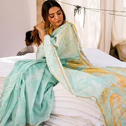 Anouk Blue Abstract Printed Zari Pure Cotton Block Print Saree image 3
