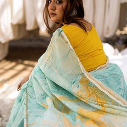 Anouk Blue Abstract Printed Zari Pure Cotton Block Print Saree image 4