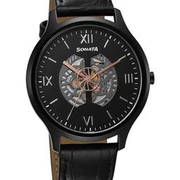 Sonata Unveil 2.0 Men Black Skeleton Dial & Leather Straps Analogue Watch 7140NL05-50