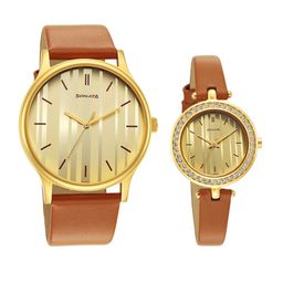Sonata Brass Dial & Leather Straps Couple Analogue Watch 7710587041YL01-19