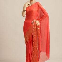 Saree mall Coral Orange & Golden Solid Saree-image-84