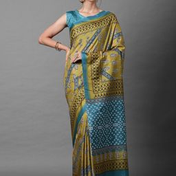 Mitera Mustard & Teal Ethnic Motifs Silk Blend Saree-image-42
