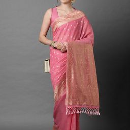 Mitera Pink & Gold-Toned Woven Design Zari Silk Blend Banarasi Saree-image-99