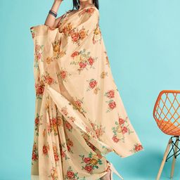Mitera Cream-Coloured & Red Floral Printed Organza Saree-image-51