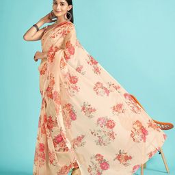 Mitera Cream-Coloured & Red Floral Printed Organza Saree-image-87