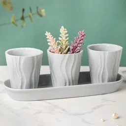 Nestasia Set Of 3 Grey Textured Ceramic Planter With Coaster-17