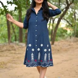 Women A-line Blue Knee Length Dress-image-70
