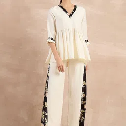 First Resort by Ramola Bachchan Printed V-Neck Linen Top With Trouser-image-26