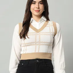 BROOWL Checked V-Neck Woollen Crop Sweater Vest-image-4