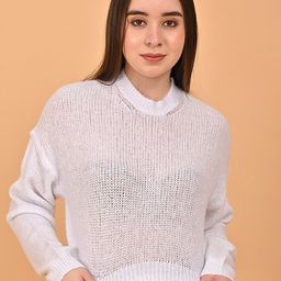 NoBarr Open Knit Self Design High Neck Crop Pullover Sweater-12