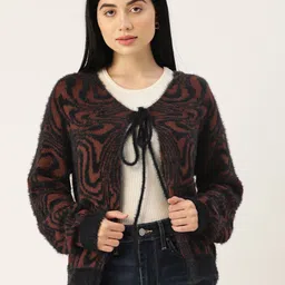 Madame Women Rust Orange & Navy Blue Front-Open Fuzzy Detail Sweater-picture-9