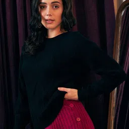 Berrylush Black Open Knit Self Design Acrylic Pullover Sweater-image-47