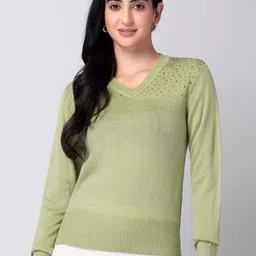 FabAlley Green V-Neck Long Sleeves Embellished Pullover Sweater-picture-20