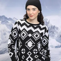 Tokyo Talkies Black Geometric Printed Acrylic Pullover Sweater-14