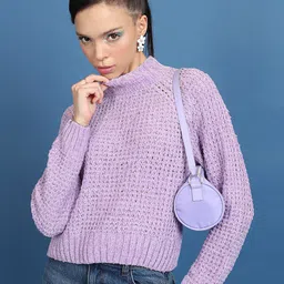 Tokyo Talkies Lavender Open Knit Turtle Neck Crop Acrylic Pullover Sweater-picture-5