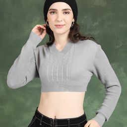 Tokyo Talkies Grey Cable Knit Self Design V-Neck Acrylic Crop Pullover-image-81