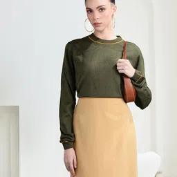 her by invictus Women Olive Green Solid Acrylic Sweater-image-24