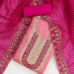 KALINI Ethnic Motifs Embroidered Sequinned Chanderi Butti Silk Unstitched Dress Material-18
