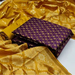 MORLY Purple & Mustard Dupion Silk Unstitched Dress Material-image-100