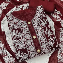 Peachmode Floral Embroidered Thread Work Unstitched Dress Material-image-19