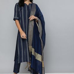 Kvsfab Navy Blue & Off White Striped Pure Cotton Unstitched Dress Material-image-64