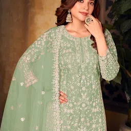ODETTE Floral Embroidered Semi-Stitched Dress Material-image-45