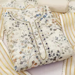 Peachmode Floral Printed Beads & Stones Linen Unstitched Dress Material-11