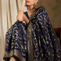Sangria Navy Blue & Gold-Toned Floral Woven Design Zari Silk Blend Banarasi Saree-picture-24
