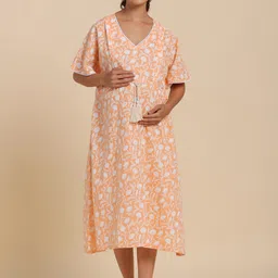 Ikk Kudi by Seerat Floral Printed V-Neck Pure Cotton Maternity Feeding A-Line Midi Dress-picture-20