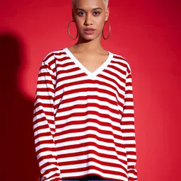 SASSAFRAS Red Striped V-Neck Long Sleeves Pure Cotton Pullover Sweatshirt-image-88