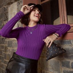 SASSAFRAS Purple Ribbed High Neck Pullover-image-73