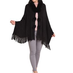 Stole & Yarn Women Fur Collar & Pom Pom Poncho-image-48