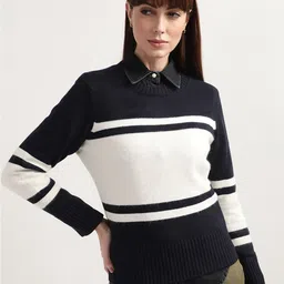 GANT Women Navy Blue & White Colourblocked Wool Pullover-picture-5