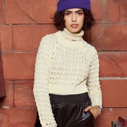 SASSAFRAS Open Knit Self Design Turtle Neck Ribbed Acrylic Crop Pullover-10